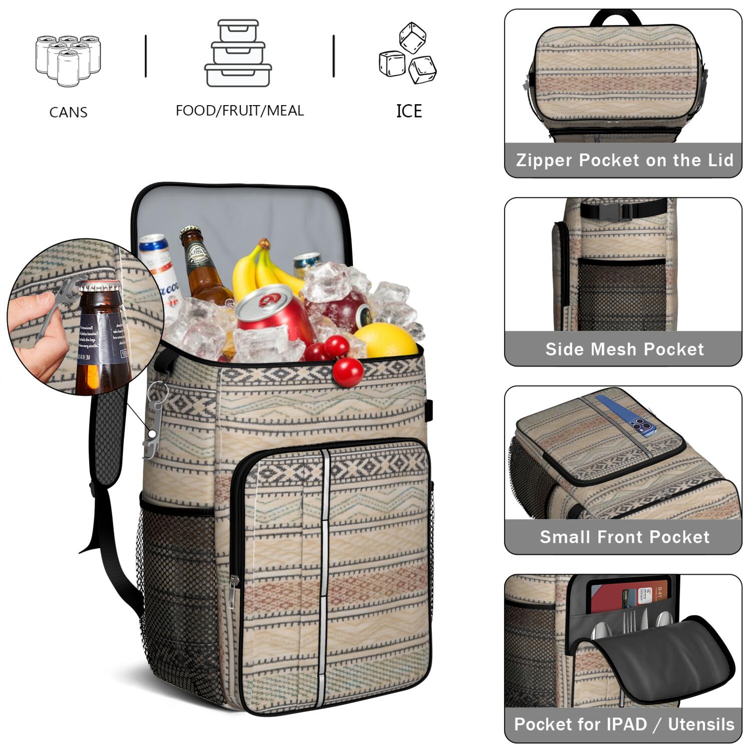 Travel Cooler Bag - Boho Bohemia Pioneer Flower Geometric Line Art Camping Beer Cooler Backpack with Bottle Opener- Waterproof Insulated Picnic Backpacks - Cooler Bag for Beach