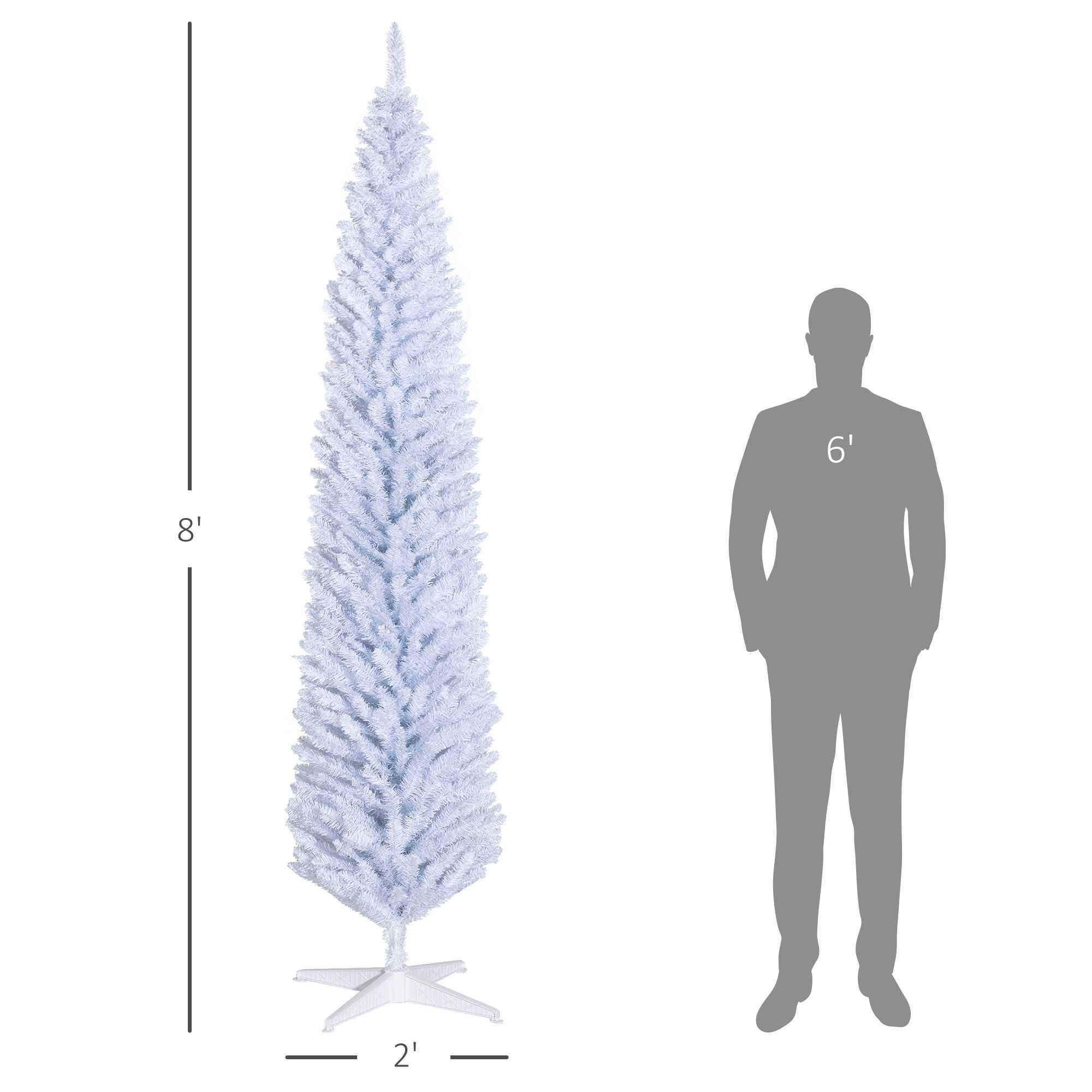 8 ft Skinny Pencil Artificial Christmas Tree with 618 Tips and Plastic Base, Unlit Slim Holiday Tree for Small Rooms and Apartments