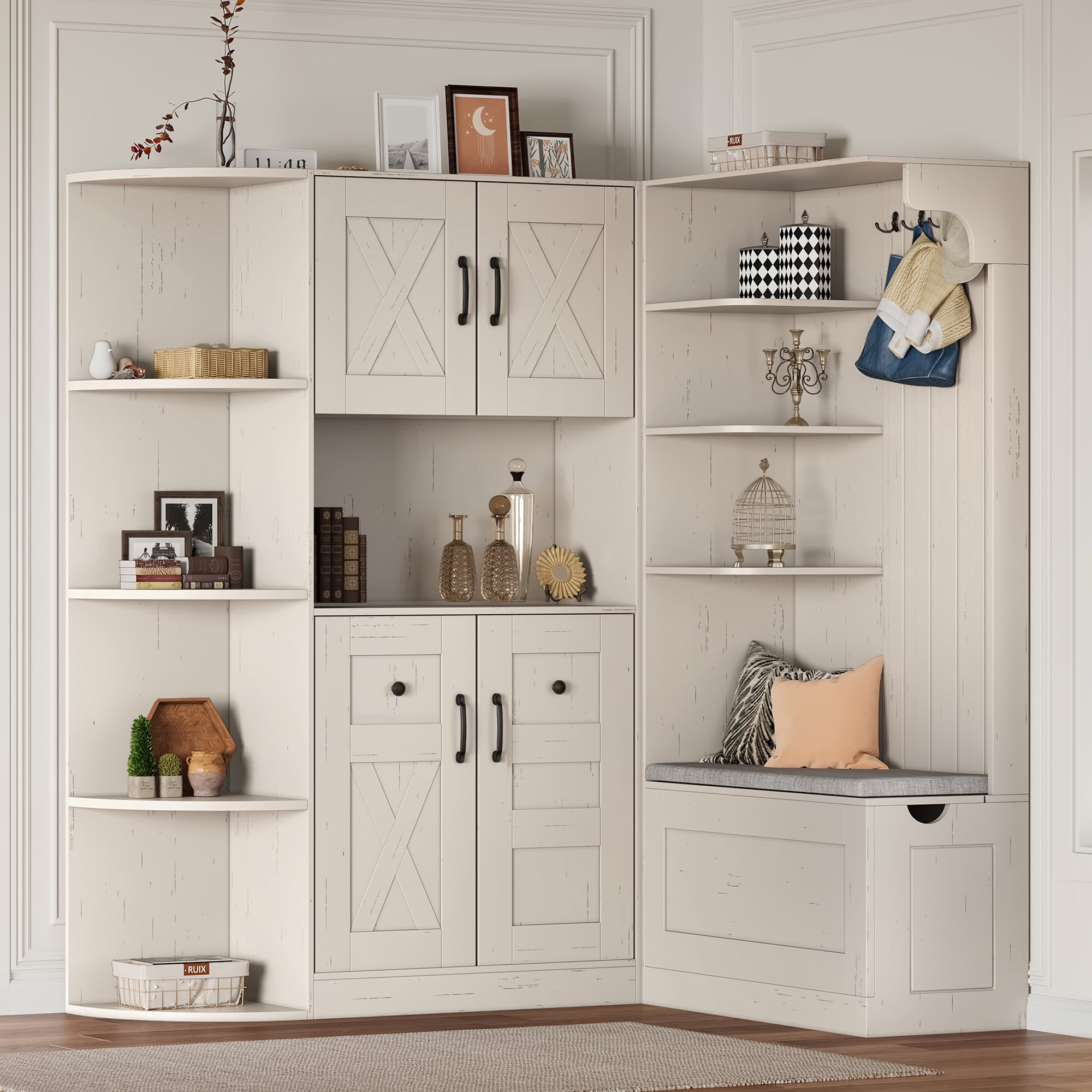 T-Foyer Farmhouse Beige Detachable Hall Tree with 4 Hooks & Bench, Wooden Rustic Entryway Organizer with Open Storage & 2 Cabinets