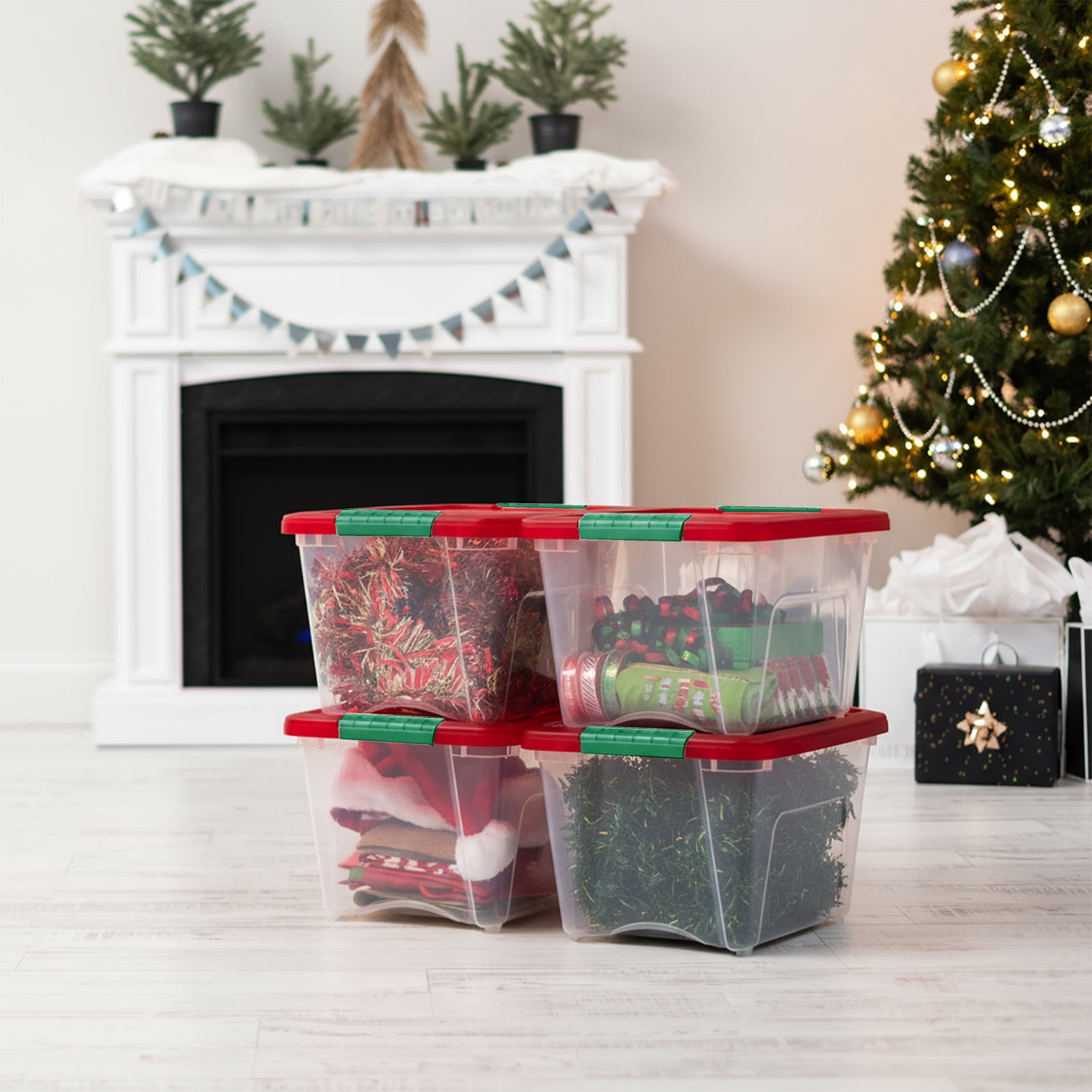 IRIS 19 Qt Stackable Holiday Plastic Storage Bins with Lids and Latching Buckles Clear Red 4 Pack
