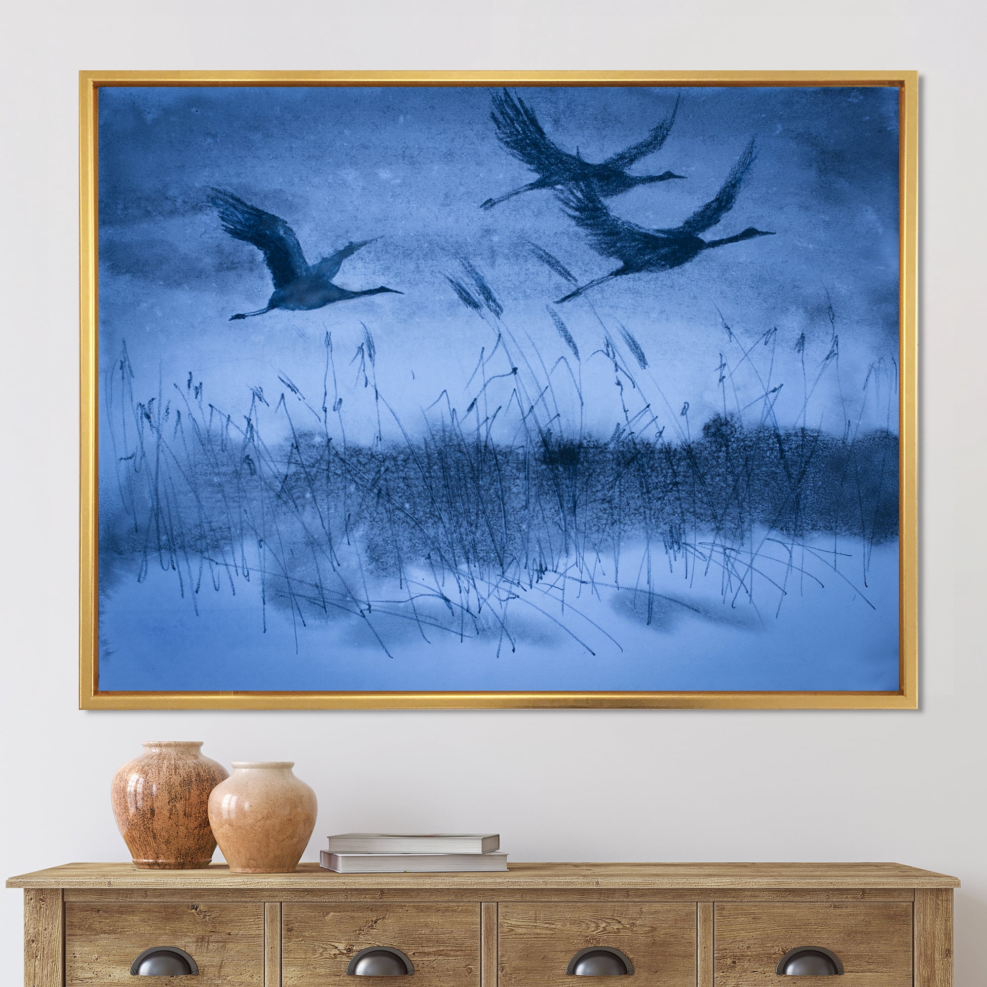 Designart 'Cranes In Flight During Blue Evening Light' Traditional Framed Canvas Wall Art Print