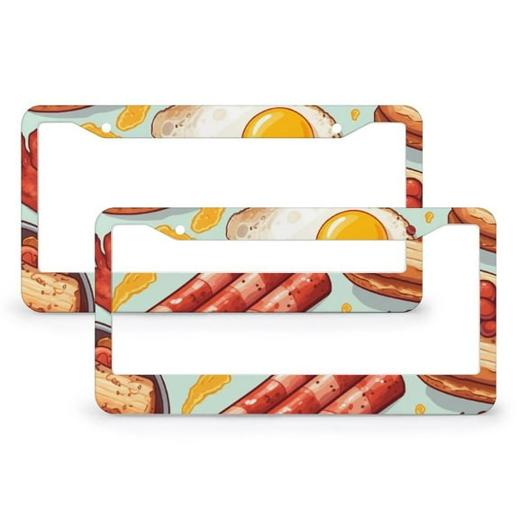 2 Pieces Bacon Eggs Sausages Breakfast Food Pattern License Plate Frames Gift to Eating Lovers Funny License Plates Aluminum Metal 2 Holes for Women Men US Vehicles Standard