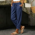 thumbnail image 2 of LEAVINGSUO Linen Pants for Women Summer Casual Drawstring Elastic Waist Pant Loose Wide Leg Button Trousers With Pockets Navy S, 2 of 8