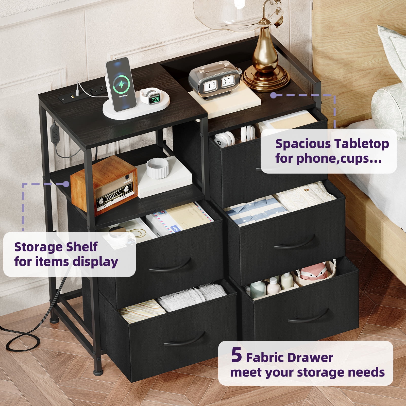 Eunos 5 Wide Black Drawers Dresser with Charging Station and Open Shelf for Bedroom Closet Dorm