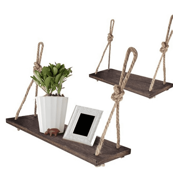 Rope Hanging Floating Shelves, Rustic Wood Wall D r Swing Shelf with 4 Hooks, Pack of 2