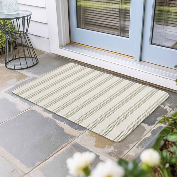 Sage Green Striped Door Mat Indoor Outdoor, Modern Farmhouse Green Stripes Non Slip Welcome Mat with Rubber Backing, Absorbent Fabric Front Door Mats Entryway Rug for Home Patio Entrance 18"x30"