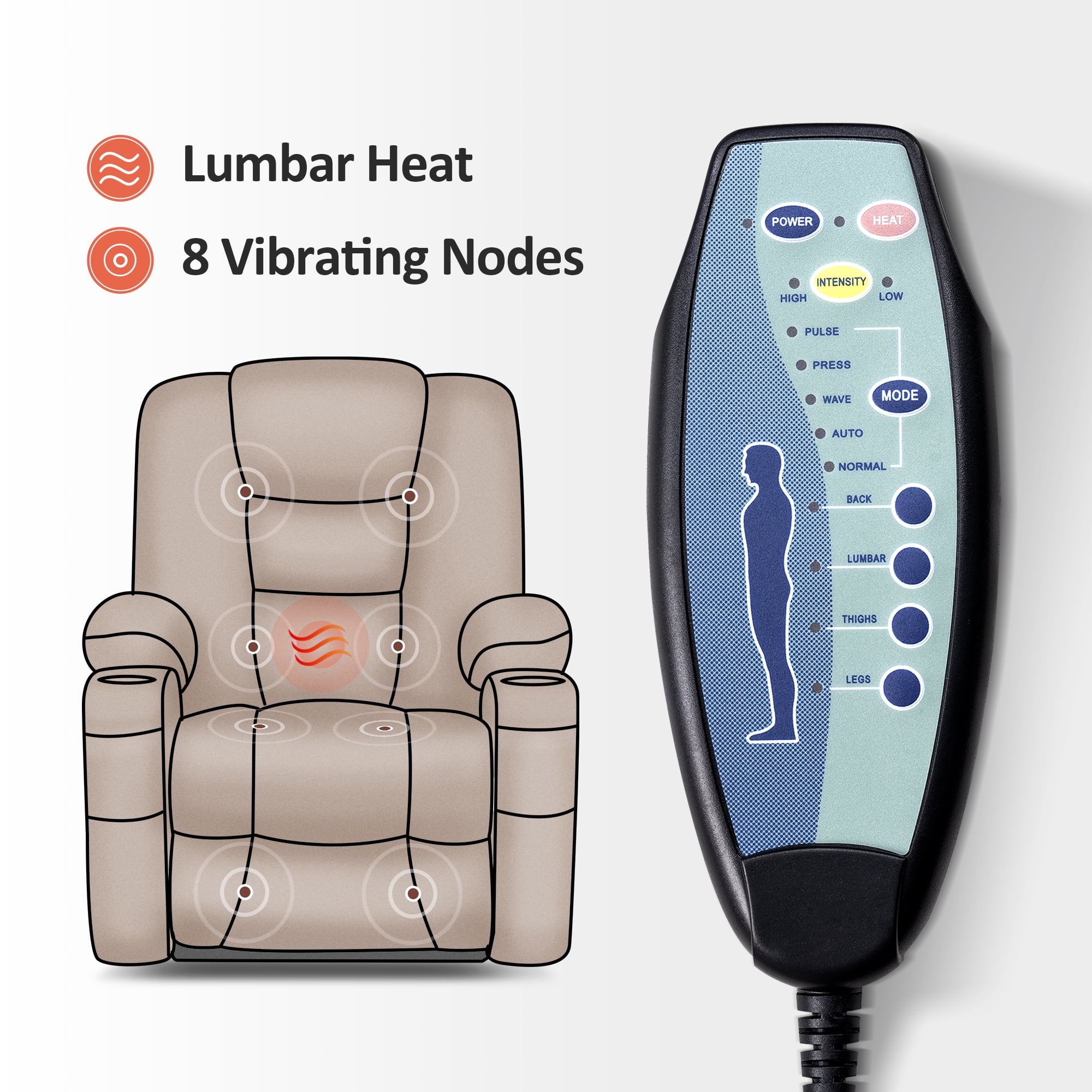 MCombo Large Power Lift Recliner Chair Sofa with Massage and Heat for Elderly People, Extended Footrest, Hand Remote Control, Lumbar Pillow, Cup Holders, USB Ports, Fabric 7549 (Large, Brown)