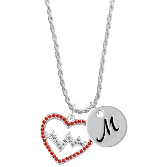 Delight Jewelry Silvertone Large Red Crystal Heart with Clear Heartbeat Silvertone Script Initial Disc - M - Charm Necklace, 20"+3"