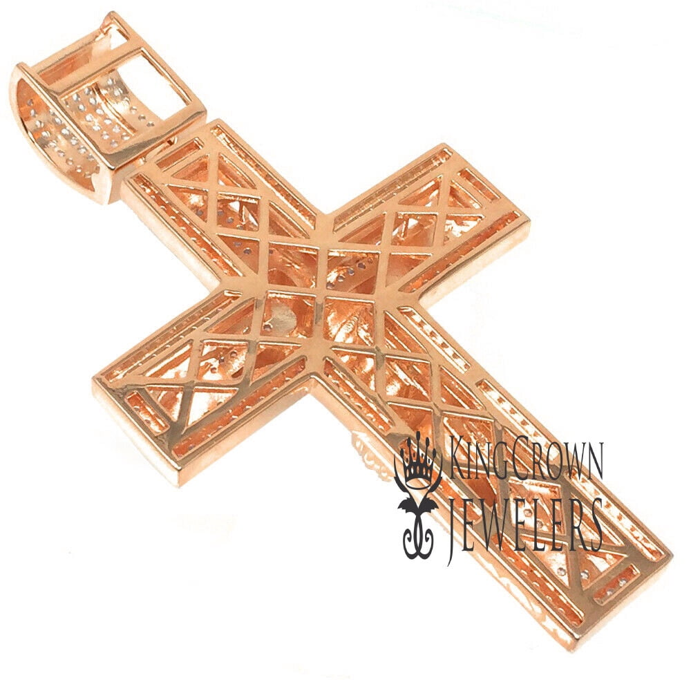 Mens Big XL 3.5'' Real Rose Sterling Silver Jesus Crucifix Cross Charm Simulated Diamond Custom Pendent
