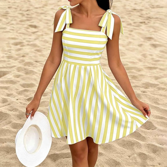 Uscallm Women's Tie Striped Boho Mini Dress A-Line Casual Basic Beach Vacation Swing Dresses, Yellow M