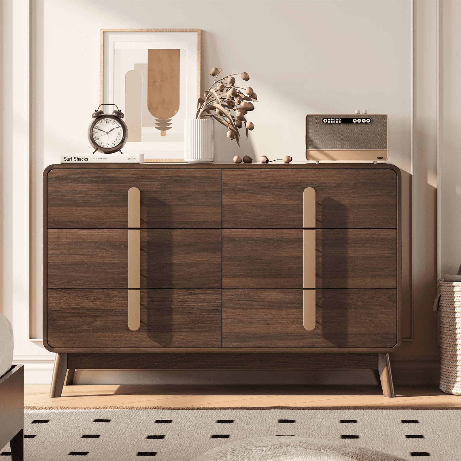 JOINICE Mid Century Modern 6 Drawer Dresser with Storage,Large Wood Drawer Organizer,for Bedroom,Black Walnut