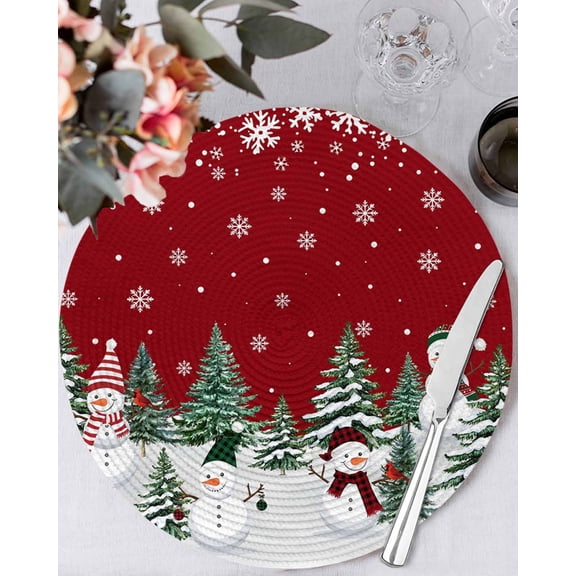 15 Inch Round Placemats Set of 4, Red Christmas Snowman Non Slip Heat Insulation PP Table Mats, Xmas Snowflake Tree Winter Washable Place Mats for Kitchen Dining Party Table Decor