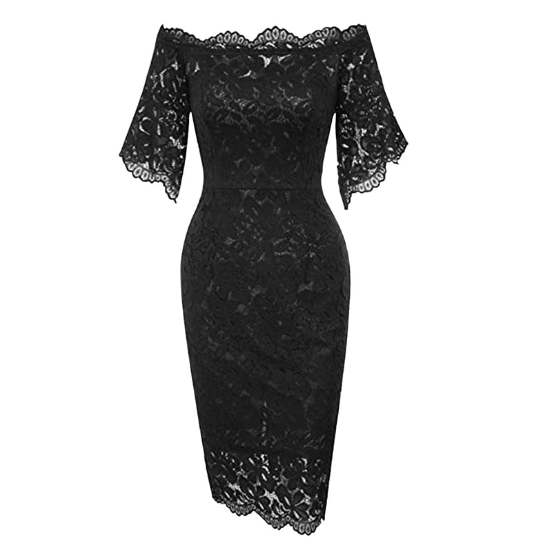 off the shoulder retro flower print black sheath dress