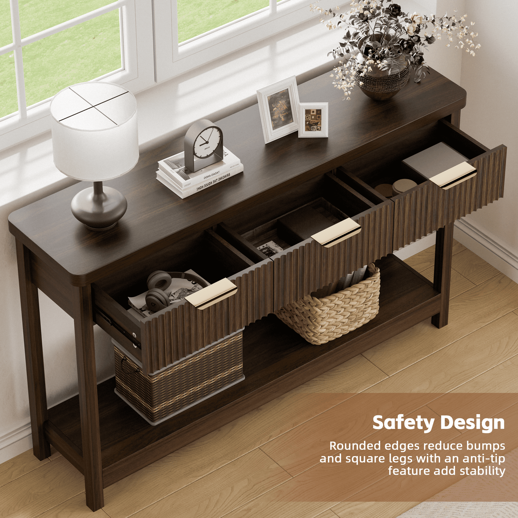 Laintene Fluted Console Table, 51" Narrow Entryway Table with 3 Drawers, Entry Sofa Table Behind Couch with Open Storage Shelf, Modern Display Shelf for Living Room Hallway, Walnut