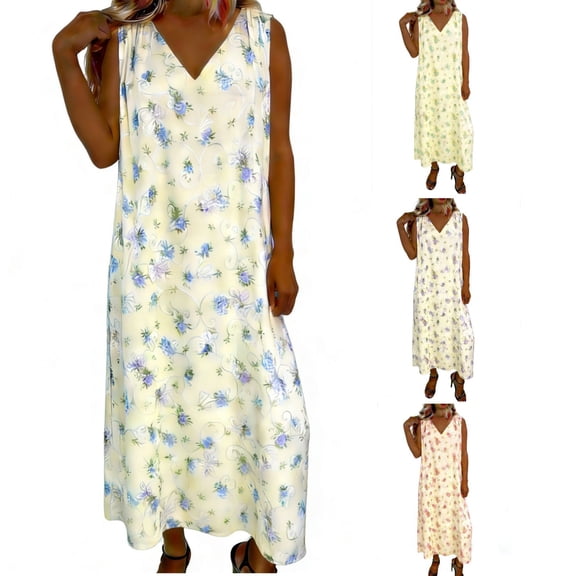 Mifsaly Long Floral Dress Women V-Neck Summer Sleeveless Dresses Loose Flowy Garden Party Vacation Sundresses XL
