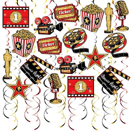 48CT Movie Night PriNst Hanging Swirls Decorations Red Gold and Black Hollywood Theme Ceiling Streamers Movie Theater Decor Film Backdrop for Birthday Bridal Shower Family Party