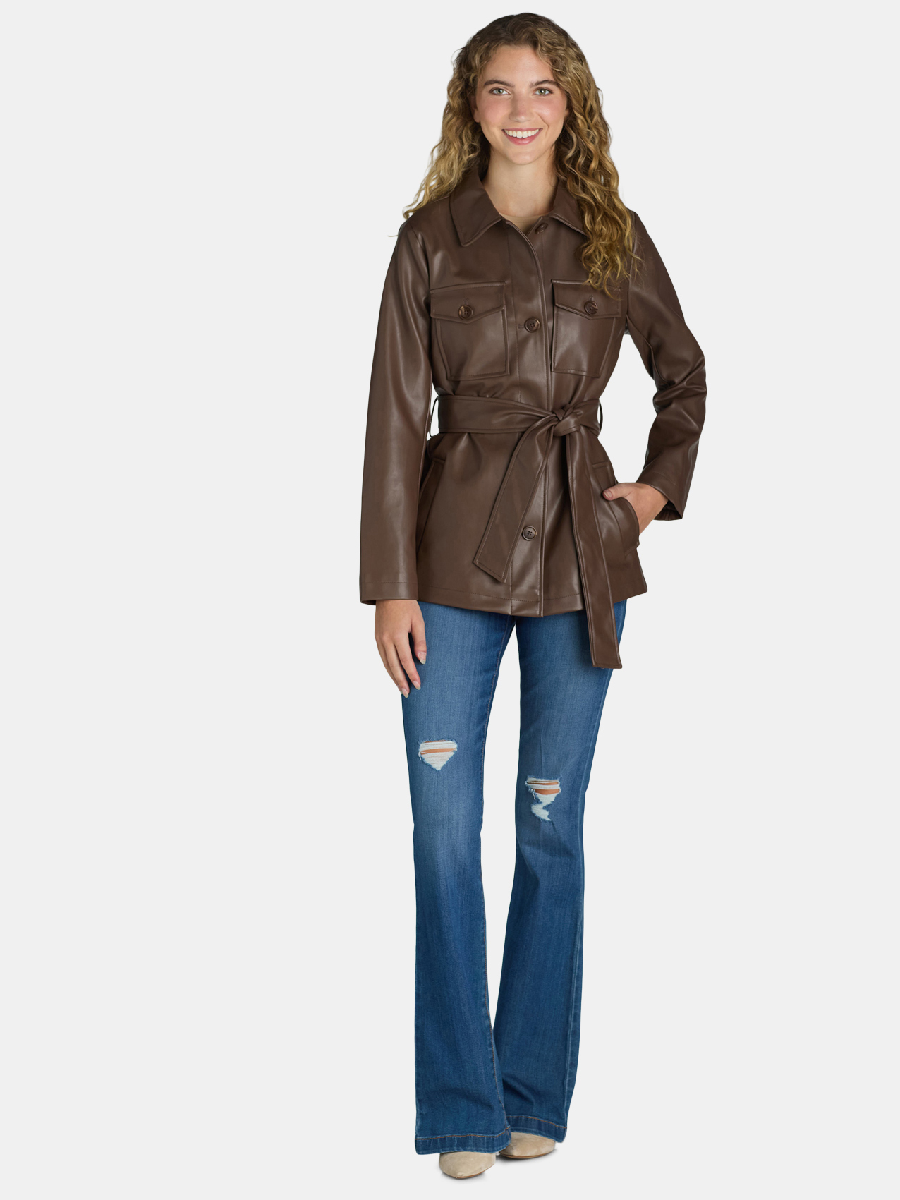 Time and Tru Women's and Women's Plus Faux Leather Cropped Belted Trench, Sizes XS-3X