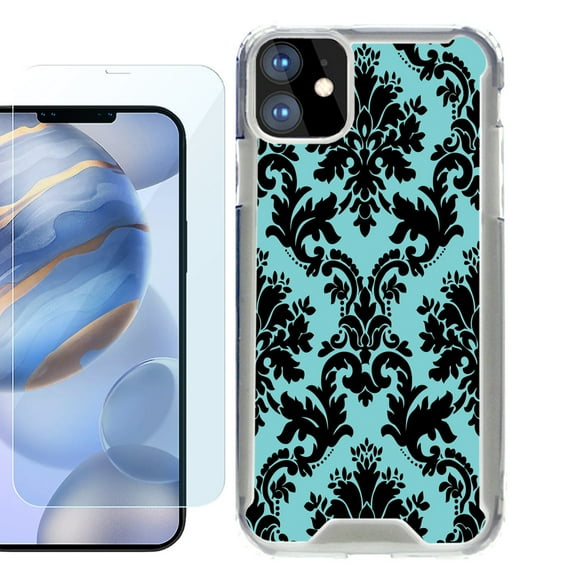 For Apple iPhone 12 Case, iPhone 12 Pro Case, Hybrid Bumper Phone case, with Tempered Glass Screen Protector, by OneToughShield ® - Victorian Blue/Black