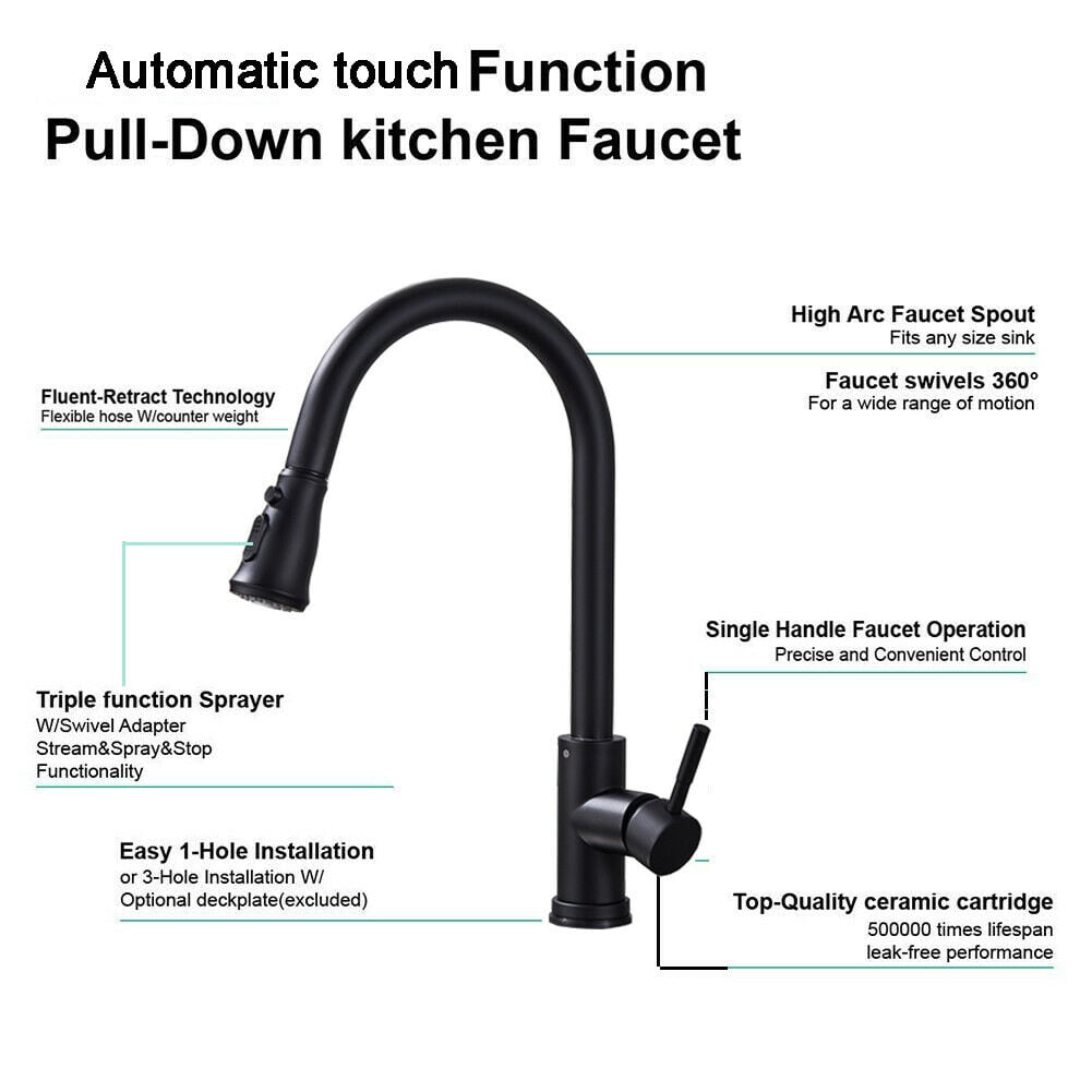 Black Sensor Touch Kitchen Sink Faucet Pull Out Sprayer Mixer Tap