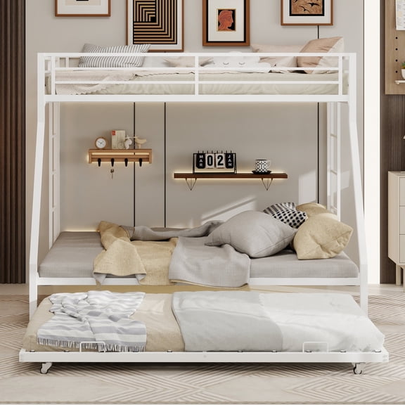 Harper & Bright Designs Metal Bunk Bed with Twin Trundle, Twin Over Full Bunk Bed Frame with Ladder and Safety Rails for Bedroom, White