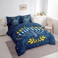 thumbnail image 3 of Manfei Happy Western Chanukah Bedding Comforter Set 7 Pieces, Hanukkah Party Full Bedding Set, Blue Leaf Plant Botanical Reversible Fitted Sheet Flat Sheet, Ultra Soft Bedroom Decor, 3 of 7