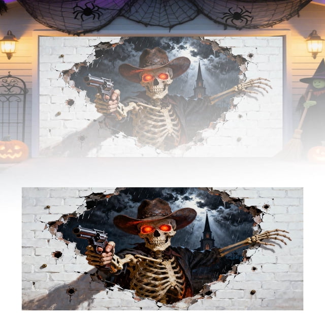 Halloween Garage Door Banner Bizarre Background Scary Holiday Theme Cloth Durable Weather Resistant Large Size Full Garage Coverage Easy Installation Store for Trick or Treaters Party Guests