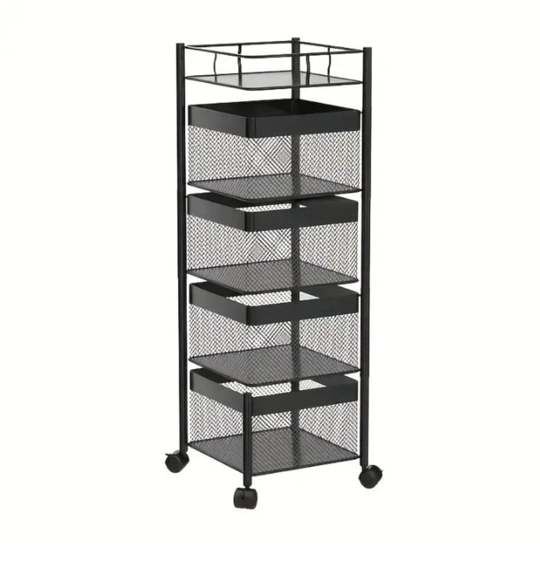 5-Tier Rotating Kitchen Storage Cart, Metal Fruit Basket with Wheels, Rolling Kitchen Storage Rack Storage Organizer Serving Cart for Kitchen Bathroom
