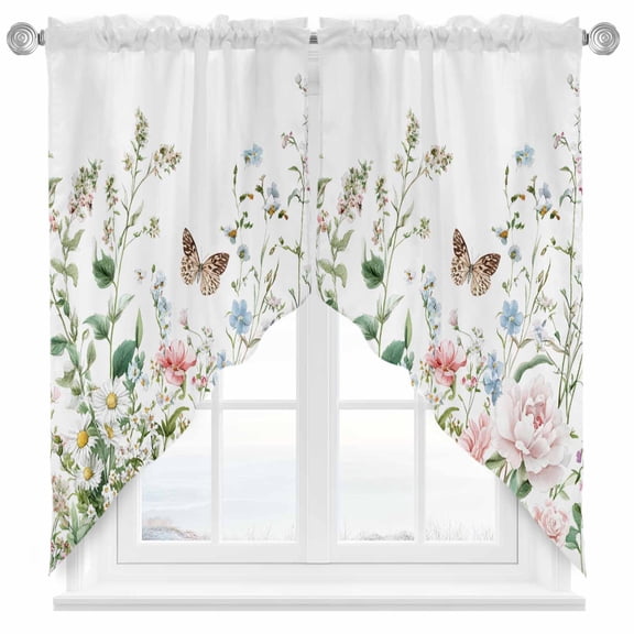 Spring Plant Swag Kitchen Curtain Valances, Watercolor Blue Pink Floral Butterfly Rod Pocket Curtains Window Treatment Decor Valances for Bedroom Bathroom, 2 Panels 36 x 45 Inch