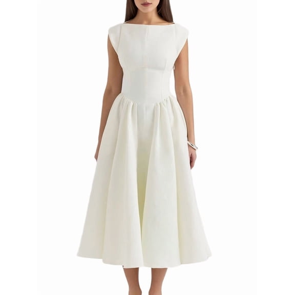 Women'S Corset Midi Dress Casual Flowy A Line Boat Neck Wedding Guest Dresses with Pockets Cream White XL