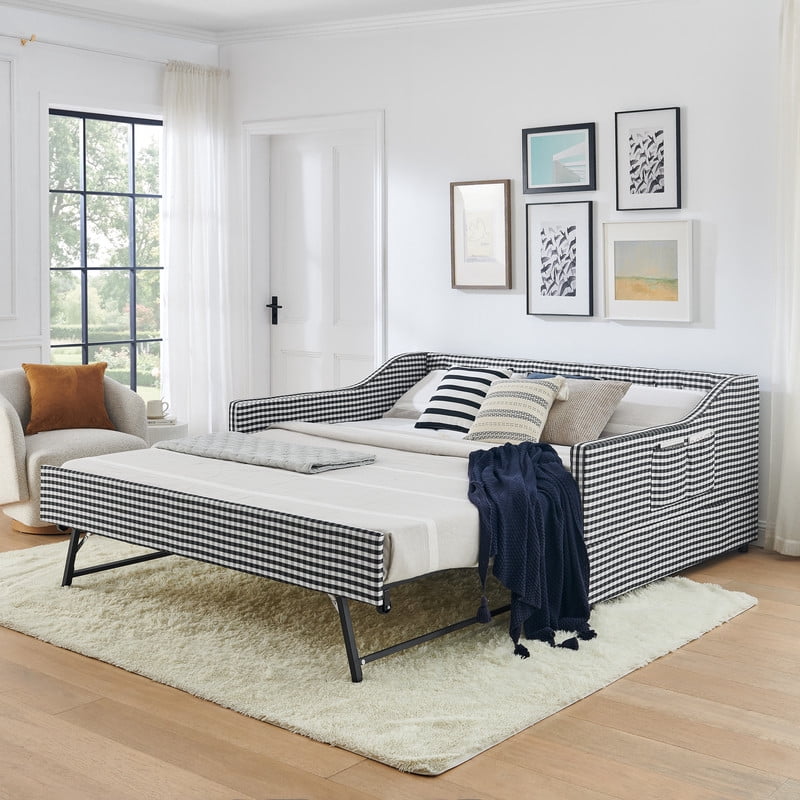 Full Size Daybed with Pop Up Trundle, Gingham Upholstered Daybed Frame with Tufted Button Backrest and Side Storage Pocket, Modern Sofa Bed for Living Room Bedroom