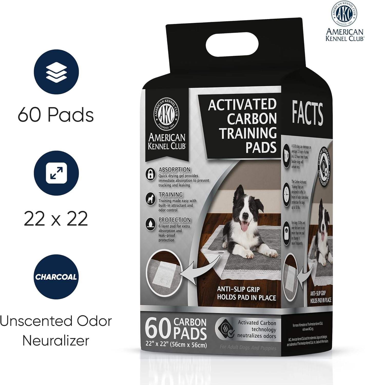 Charcoal Puppy Training Pads, with Anti-Slip Adhesive Backing, Quick Dry Gel and Activated Carbon Odor Control (Charcoal, 22" x 22" - Pack of 60)