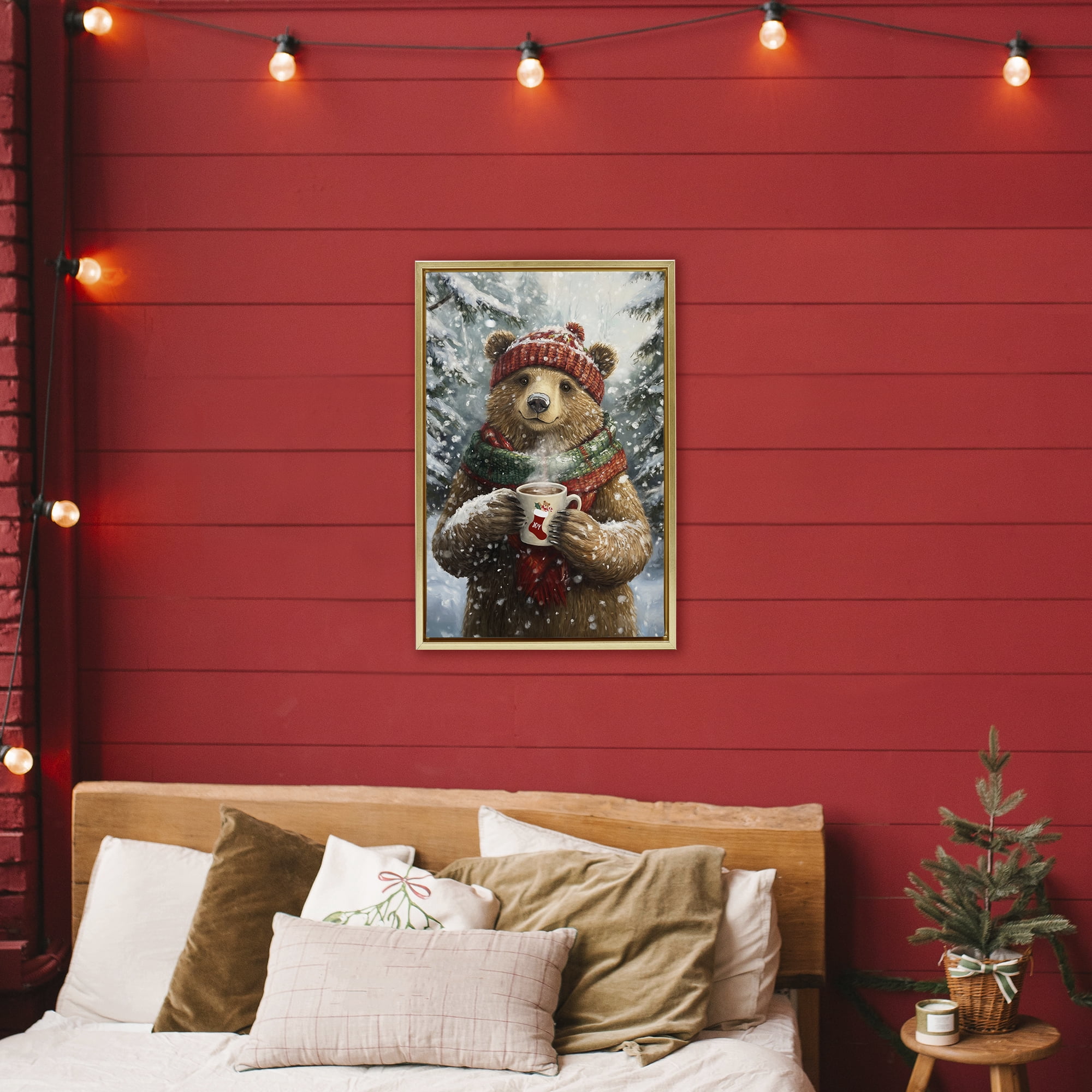 Stupell Industries Christmas Cocoa Bear Gold Framed Floater Canvas Wall Art, design by Tina LeCour