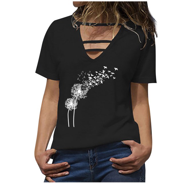 Hauts à Manches Courtes pour Femmes Mode Été Col en V Manches Courtes Imprimé Loisirs Hauts Femmes Manches Courtes Hauts Femmes Manches Courtes Col en V