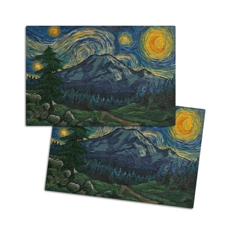 

Mount Rainier National Park Washington Starry Night Series (4x6 Birch Wood Postcards 2-Pack Stationary Rustic Home Wall Decor)