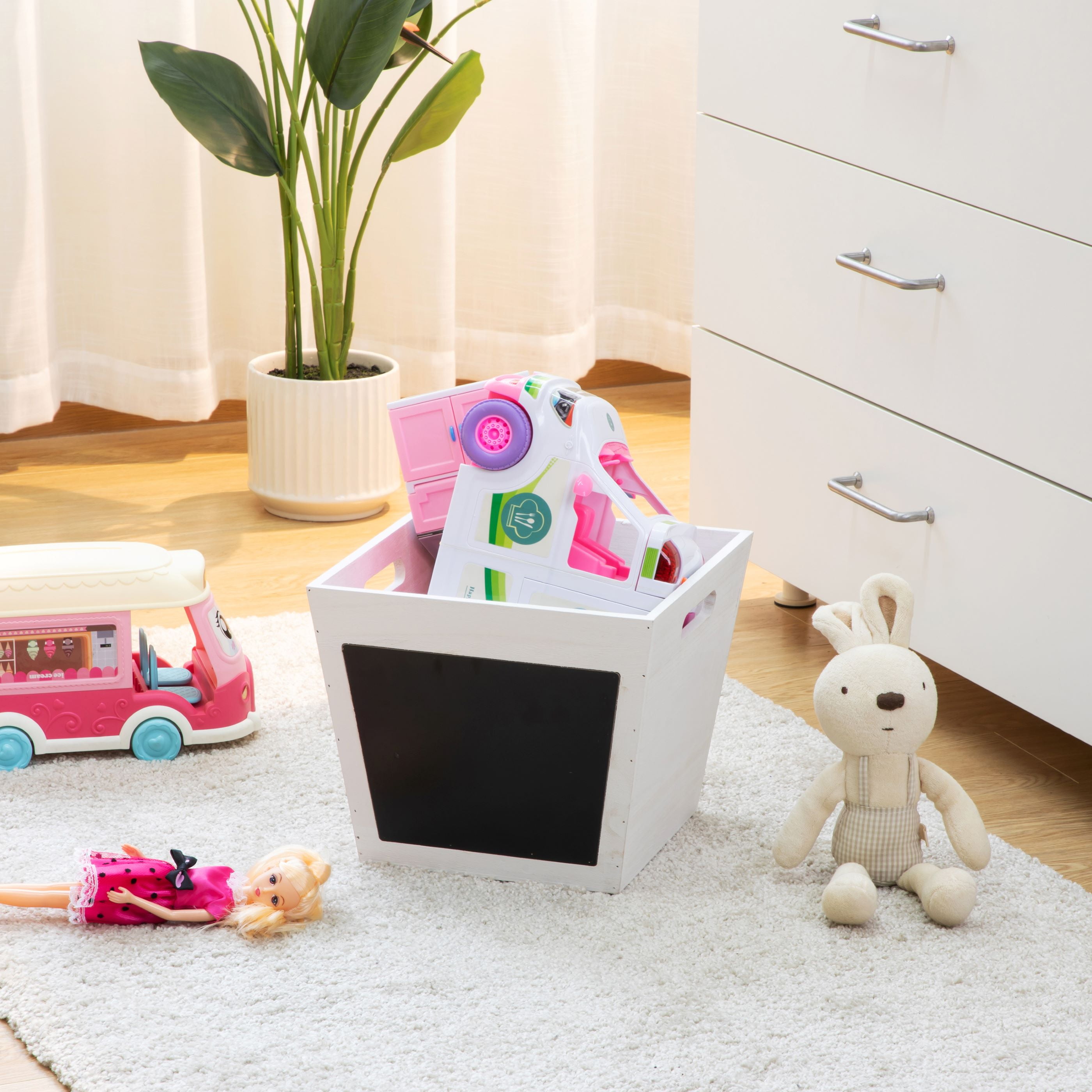 Your Zone Kids White Wood Storage Bin with Chalk Board Label and Cutout Handles, 11 in x 11 in x 9 in