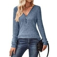 thumbnail image 3 of Women Half Zip Collar Loose Pullover Ribbed Knit Casual Shirts Solid Color Long Sleeve Comfy Warm Blouses Sky Blue S, 3 of 9