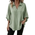 thumbnail image 2 of ClodeEU Women's Collar V Neck Batwing 3/4 Dolman Sleeve Blouse,Solid Curved Hem Casual Loose Shirt Top Mint Green,Women's Plus XXL, 2 of 9