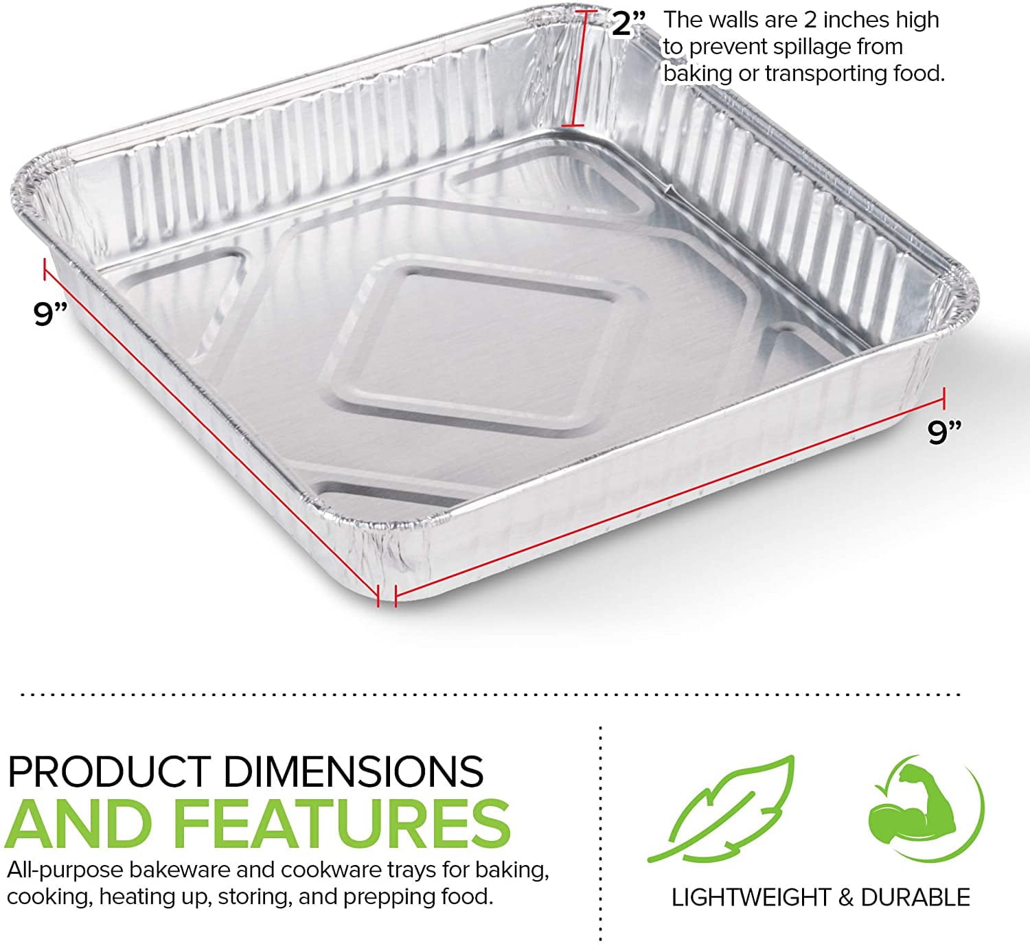 Pack of 30 Extra-Thick Disposable Aluminum Baking Pans | Standard Size 9” x  9” Recyclable Square Cooking Tins | Portable Food Containers | Superior