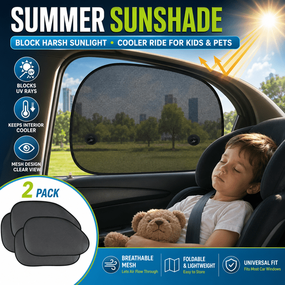 Car Window Sun Shade 2 Pack - Side Sun Visor for Cars Kids Pets - Mesh Sun Protection Screen Blocks UV Rays - Universal Fit Foldable Sun Blocker for Vehicle Side Windows and Rear Windows