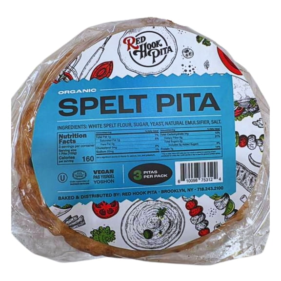 Kosher Red Hook Organic Spelt Pita Bread — Vegan, Mediterranean Style, 3 pitas per bag, Pack of 1