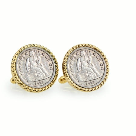 Seated Liberty Silver Dime Goldtone Rope Bezel Coin Cuff Links
