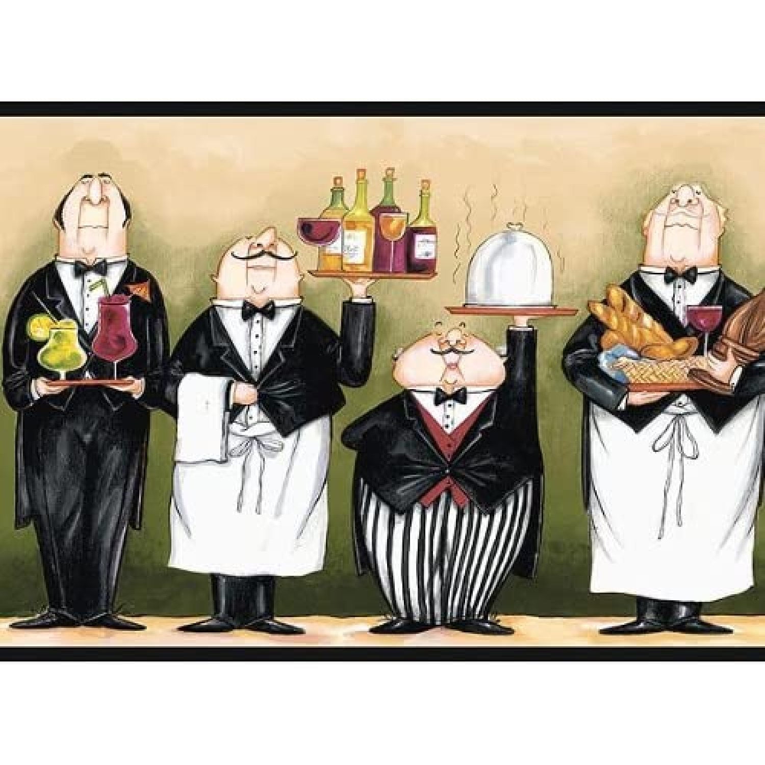 Green and black chefs wallpaper border whimsical waiters chef kitchen