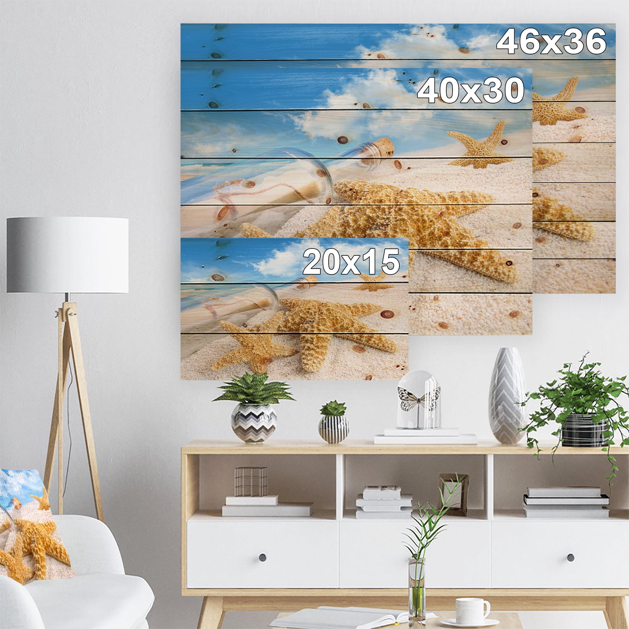 Designart 'Message in Bottle Buried in Sand' Seashore Photo Print on Natural Pine Wood
