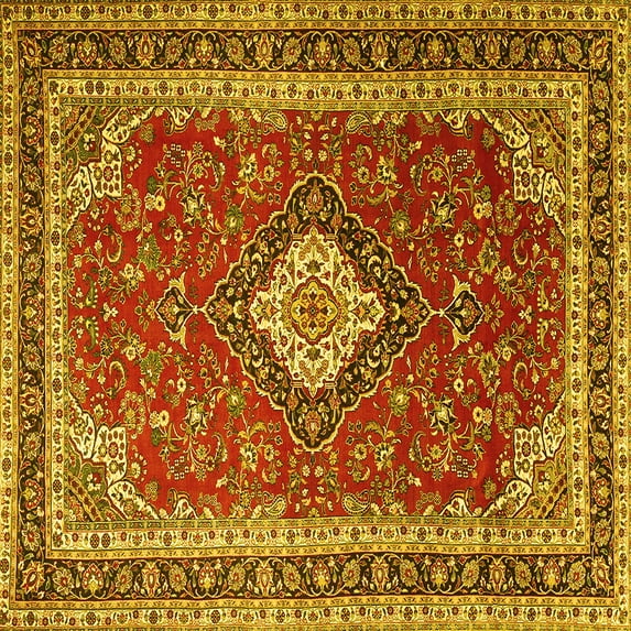 Ahgly Company Machine Washable Indoor Square Medallion Yellow Traditional Area Rugs, 5' Square