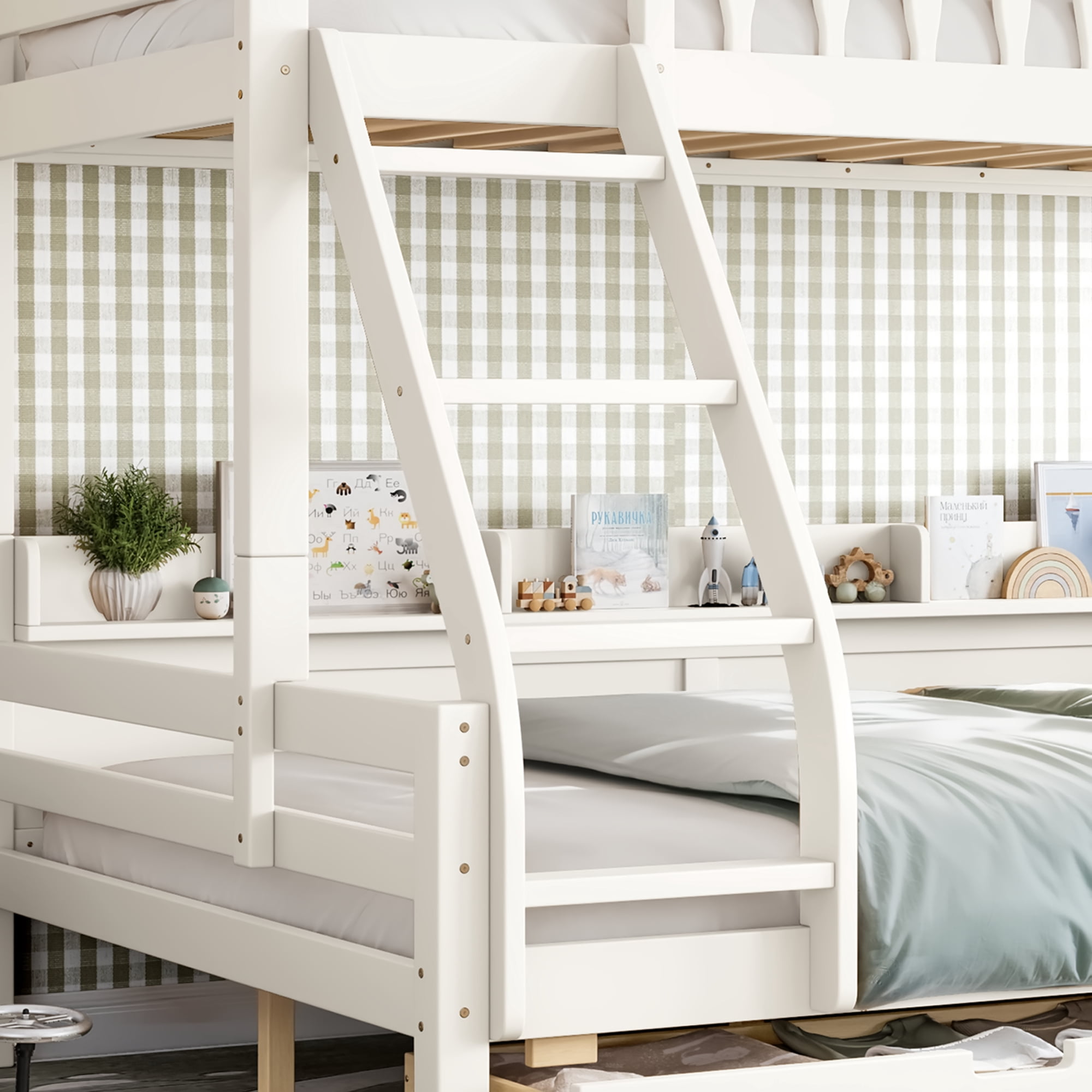 Leumius Twin over Full Bunk Bed with Storage Drawers, Chic Curved Guardrail & Side Storage Shelves, Bunk Bed Frame with Ladder Beige