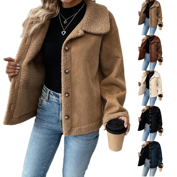 Sorvello Women's Single Breasted Sherpa Jacket Notch Lapel Fleece Lined Coat Button Front Winter Warm American Style Vintage Outerwear Top for Women Black L
