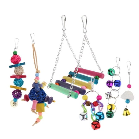6 PCS Toys Set - String Of Bells, Rattan Balls For Parrots Budgie