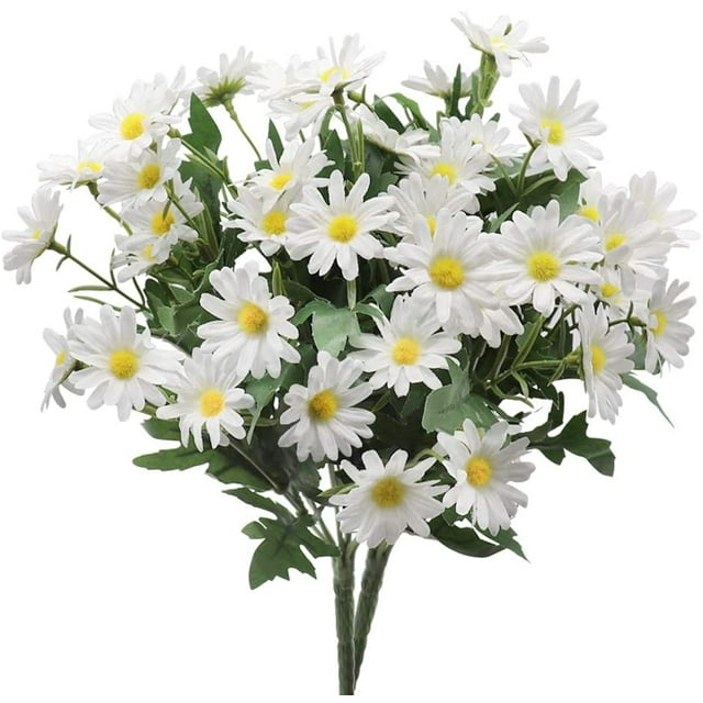 DAMAIE 2 Bouquets Artificial Daisy Flowers 24 Heads Each, Rural Style Simulation Colorfast Plastic Flowers for Table Window Balcony Home Decor (White)