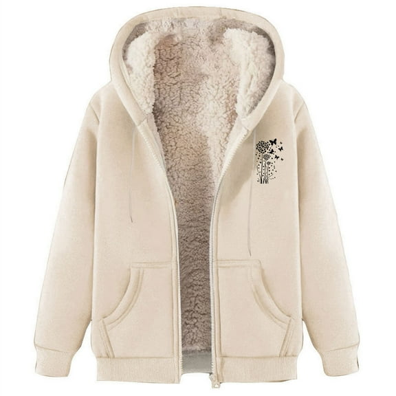 Vibrex Women's Sherpa Lined Hoodies Full Zip up Fleece Sweatshirts Fall Winter Warm Jacket with Pockets Beige_M