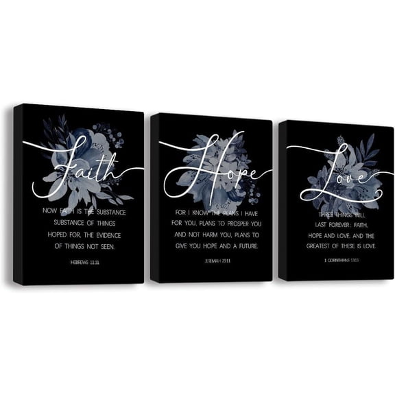 Faith, Hope & Love Bible Verse Inspirational Wall Art， Christian Canvas, A Great Christian Religious Decor Gift for Living Room Christian Bedroom，(29 x 38cm x 3pcs) Framed （black）